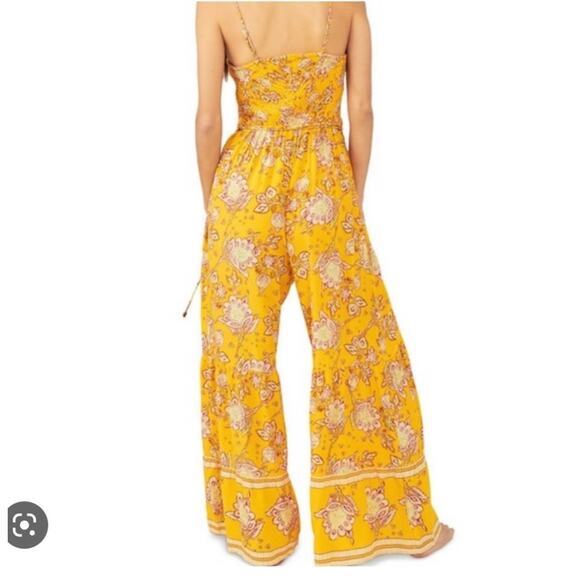 FREE PEOPLE Jumpsuit MD Little of Your Love Marigold Boho Wide Leg Smocked Chest - Picture 2 of 16